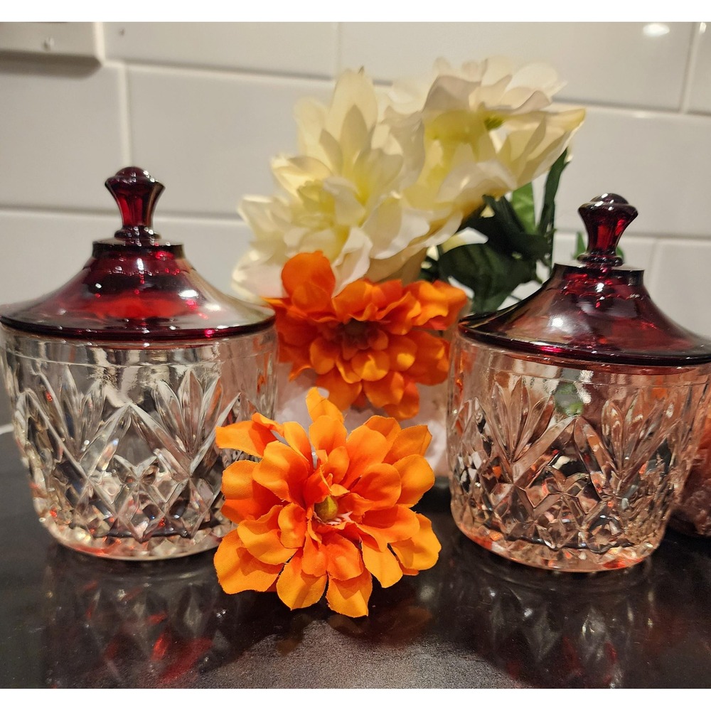 Vintage Mid Century Clear Cut Glass Jelly Jars Royal Ruby Red Lidded Tops Pair